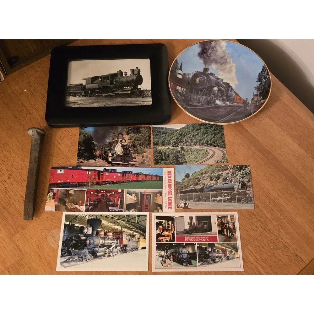 Vintage Railroadiana Collector Lot: SunsOut Puzzle, B&W Photo, Plate, Spike &...